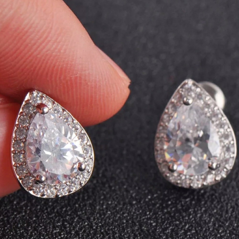 White Gold Pear Tear Drop Diamond Halo Earrings - Picture 2 of 9